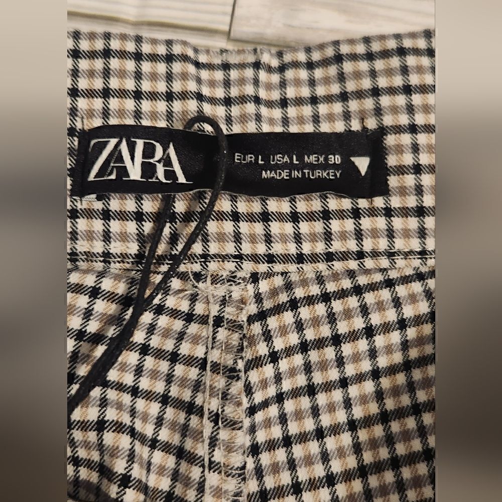 NWT Zara Plaid Beige And Black High Rise Flare Pants Size Large - Picture 10 of 13